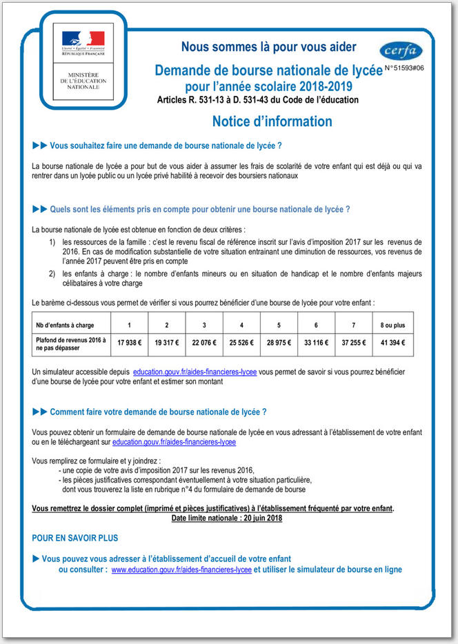 Bourse nationale du lycée année scolaire 20182019